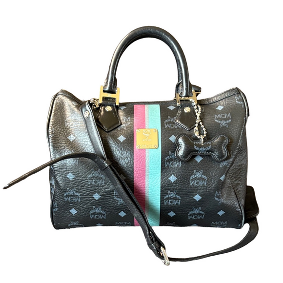 MCM Handbags - MCM Visetos  Black Satchel with Pink and Teal Stripe